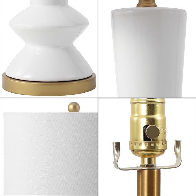 JONATHAN Y 27" White/Gold Modern Ceramic Table Lamp for Bedroom Living Room, with White Linen Shade, Glam Geometric Bedside Nightstand Lamp, LED Bulb Included JYL6607A