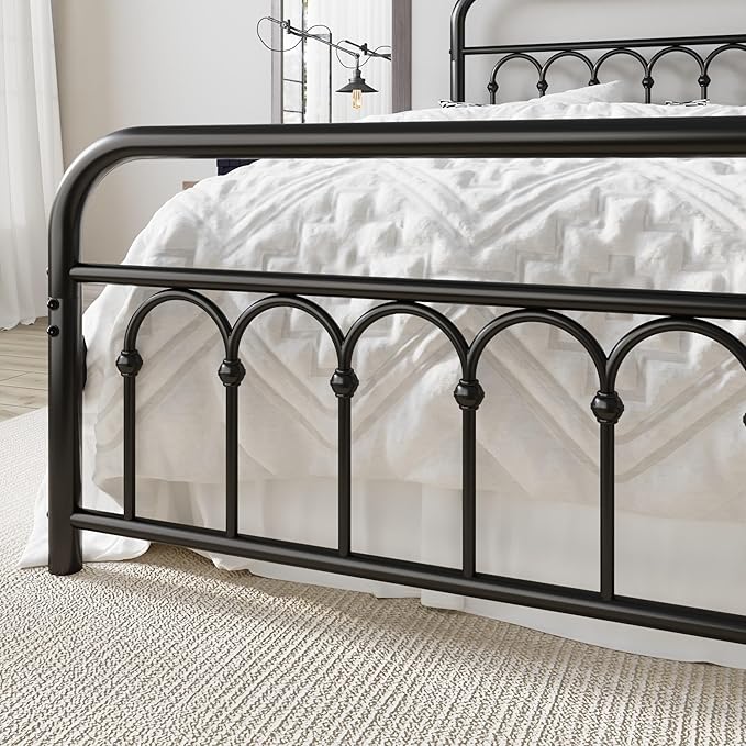 Allewie 14 Inches Full Size Metal Platform Bed Frame with Victorian Style Curved Iron-Art Headboard/Footboard, Metal Slats Support, Easy Assembly, Under Bed Storage, No Box Spring Required, Black