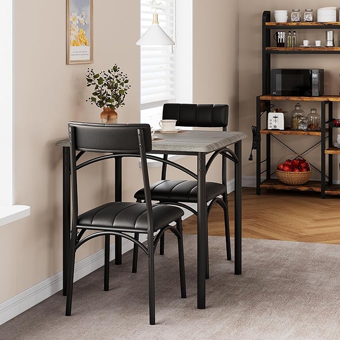 3-Piece Dining Table Set for 2, Kitchen Table Set with 2 Upholstered Chairs, Square Dining Table Set for Apartment, Studio, Small Space, Gray
