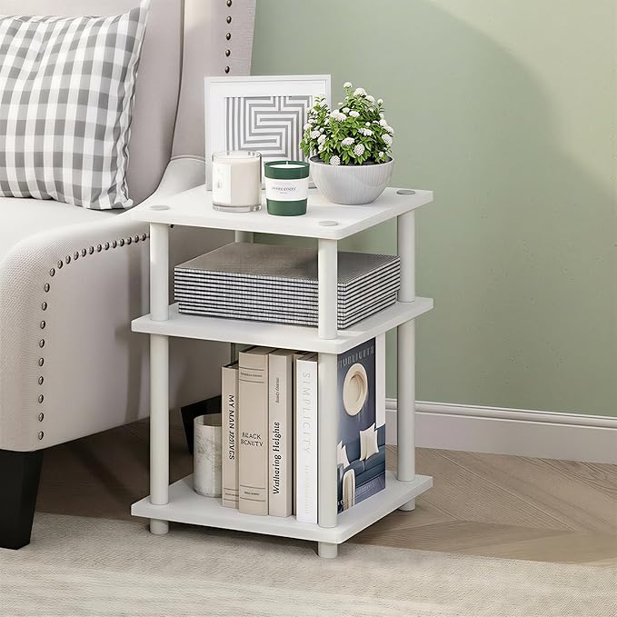 Furinno Turn-N-Tube Side Table, 3-Tier Square Modern End Table, Toolless Open Shelves Nightstand, Night Stand, Bedside Table, Easy Assembly, for Living Room, Bedroom, White