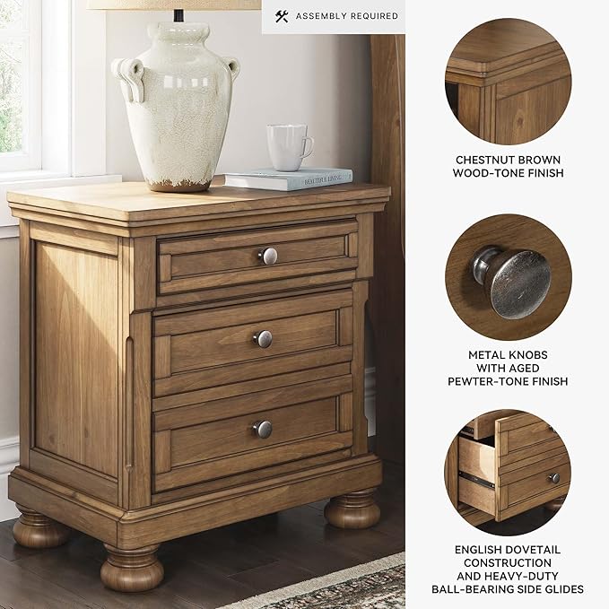 Signature Design by Ashley Glarrison Classic 3-Drawer Nightstand with Felt-Lined Top Drawer and Pull-Out Tray, Poplar Wood, Pine Veneer, Metal Knobs with Pewter-Tone Finish, 29.88" High, Light Brown