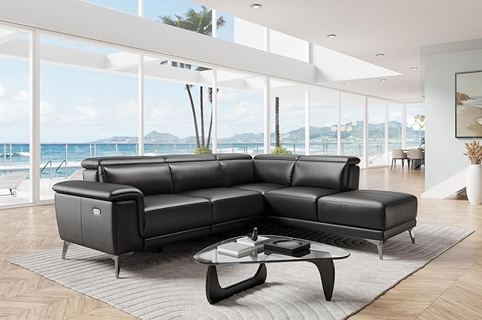 Valencia Pista Leather Reclining Sectional Sofa with Right Hand Chaise - Italian Nappa 11000 Top Grain Leather Couch - Power Reclining Seat with Leggett Adjustable Headrests - Black