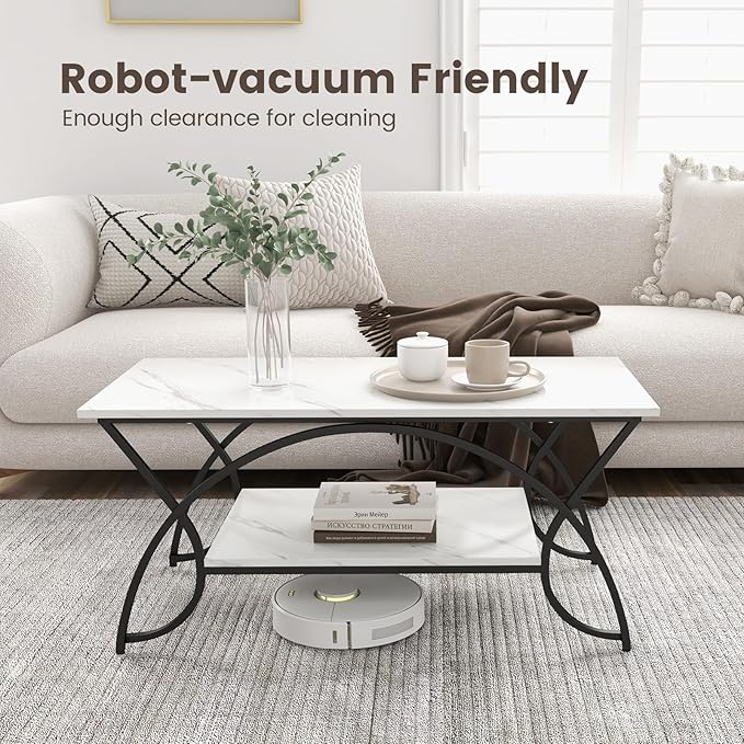 COSTWAY 2-Tier Coffee Table, Modern Faux Marble Accent Table with Storage and Black Finished Metal Frame, Chic Rectangular End Table for Living Room Office Lounge (White+Black)