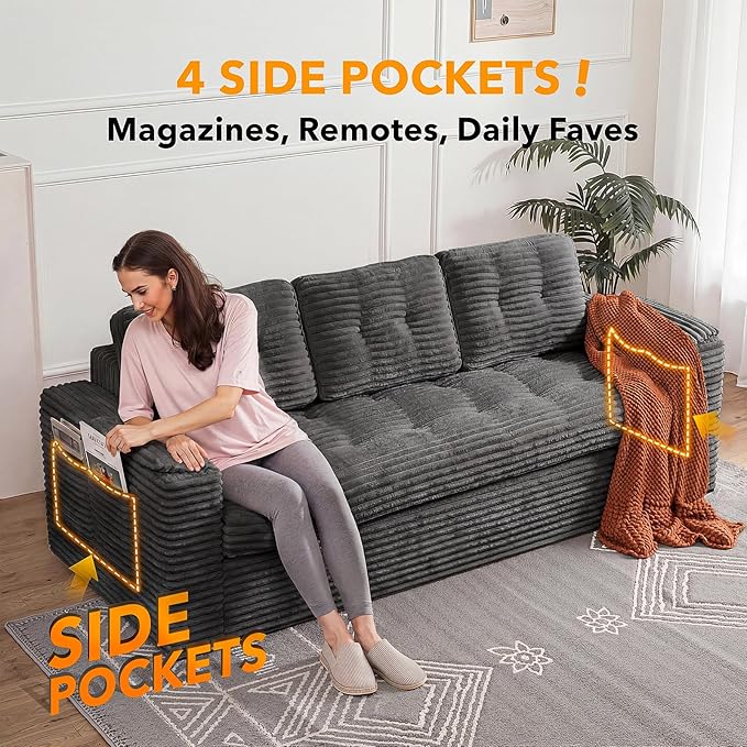 83" Boneless Couch, 3 Seater Cloud Corduroy Sofa in a Box with Deep Tufted Cushions, Zero Assembly, Removable Washable Cover, Family-Friendly Living Room Couch, Dark Grey
