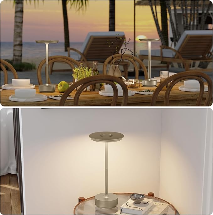 2 Pack Rechargeable Cordless Table Lamps, Portable 5000mAh Outdoor Table Light, 3 Color Stepless Dimming LED Table Lamp with Memory Function, for Home/Dinner/Patio/Restaurant.(Champagne Gold)