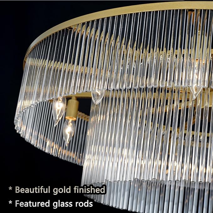 Modern Glass Chandelier Gold Chandeliers for High Ceiling Foyer Entryway Hanging Large Light Fixture for Grand Living Room Hall 39"