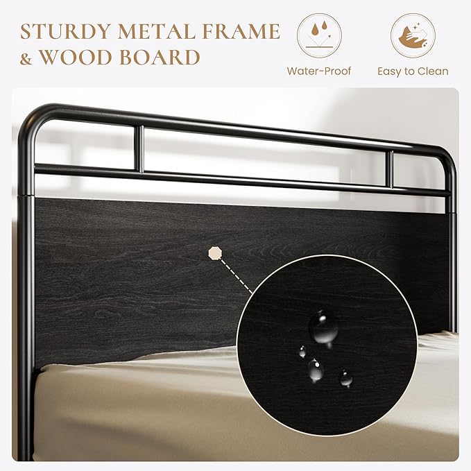 SHA CERLIN Queen Size Bed Frame with Vintage Industrial Wood Headboard, Heavy Duty Metal Platform, 12 Inch Under Bed Storage, Noise-Free, No Box Spring Needed, Easy Assembly, Black