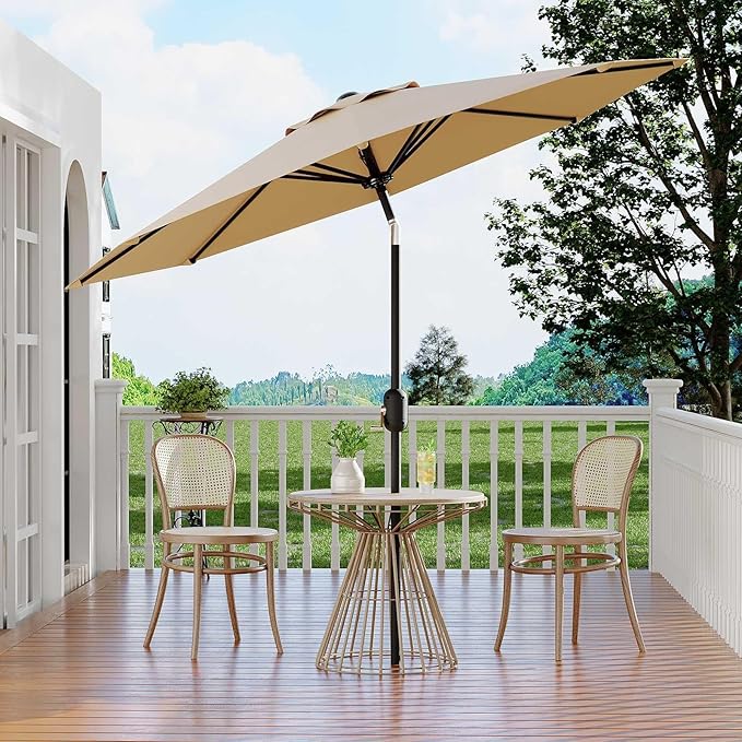 Garvee 10 ft Patio Umbrella - 8 Sturdy Ribs Outdoor Table Umbrella with Crank Lift & Push Button Tilt - Market Umbrella for Pool, Deck, Yard, Garden - Tan