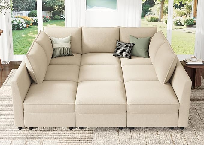 HONBAY Modular Sectional Sleeper Sofa with Storage, Modular Convertible Sectional Couch Bed Module Sleeper Couches for Living Room - Beige