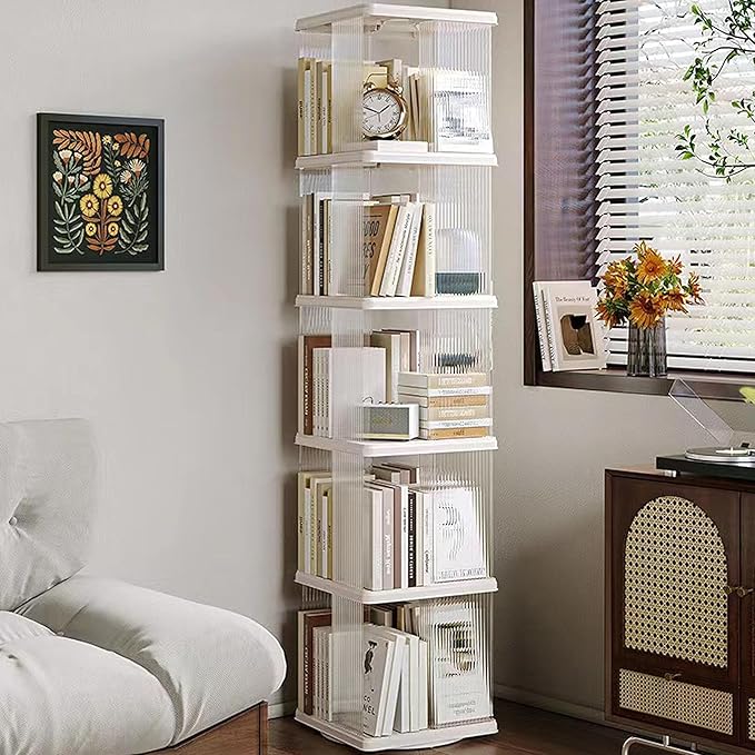 5 Tier Rotating Bookshelf Tower, 360° Rotating Bookshelf, Space Saving Rotating Bookshelves, Revolving Bookcase Suitable for Bedrooms, Living Rooms, Studies and Offices, White, Lazy Susan
