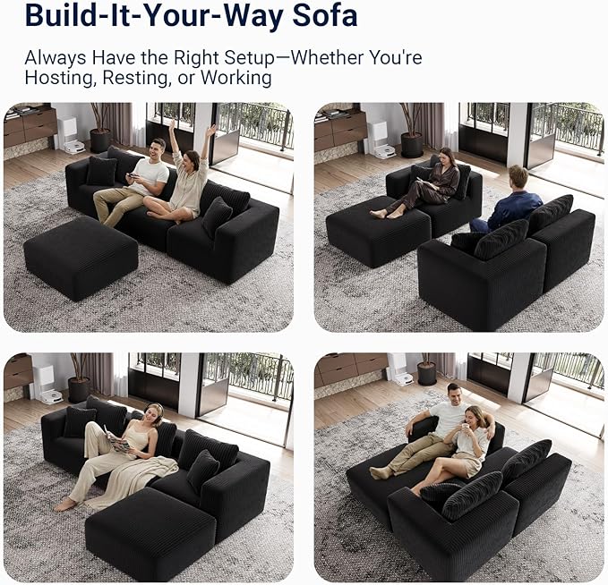 Avenco 35.4” Right-Arm Facing Modular Sofa Seat, Individually Wrapped Coil Support & Corduroy Fabric, Zero Assembly to Complete Your Sectional, Black