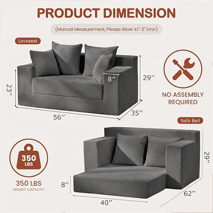Convertible 5 in 1 Futon Sofa Bed Full Size, Corduroy Boneless Couch Sleeper Sofa with 4 Pillows, Foldable Pull Out Loveseat Floor Mattress for Living Room, Apartment, Small Space & Dorm