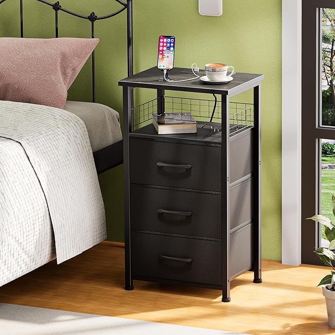 Night Stand Set 2 with Charging Station, End Table Set of 2 with 20 Colors LED Light Strip, 3 Fabric Drawers, Bedside Table with USB Ports and Outlets for Bedroom (Black)