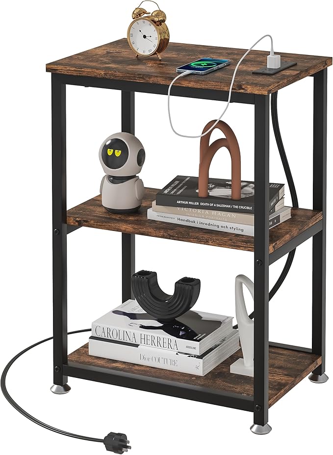 VECELO Tall End Table with Charging Station, Side Table with USB Ports and Outlets, 30" Height Nightstand with 3-Tier Storage Shelf for Living Room Bedroom Office Hallway Study