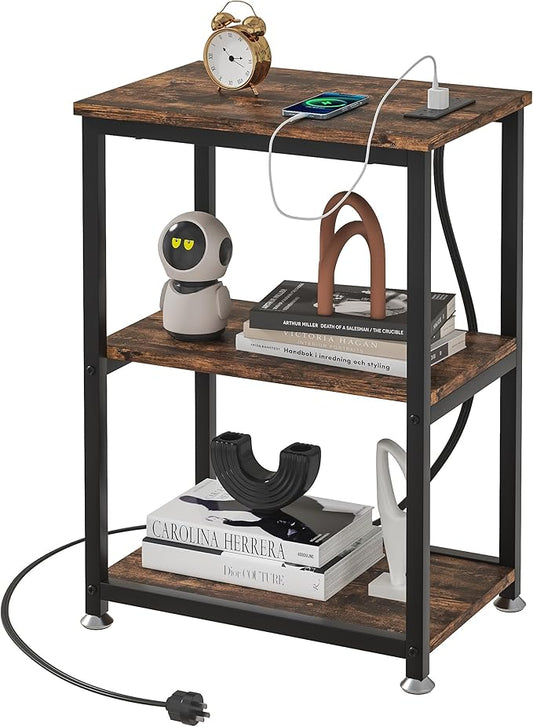 VECELO Tall End Table with Charging Station, Side Table with USB Ports and Outlets, 30" Height Nightstand with 3-Tier Storage Shelf for Living Room Bedroom Office Hallway Study