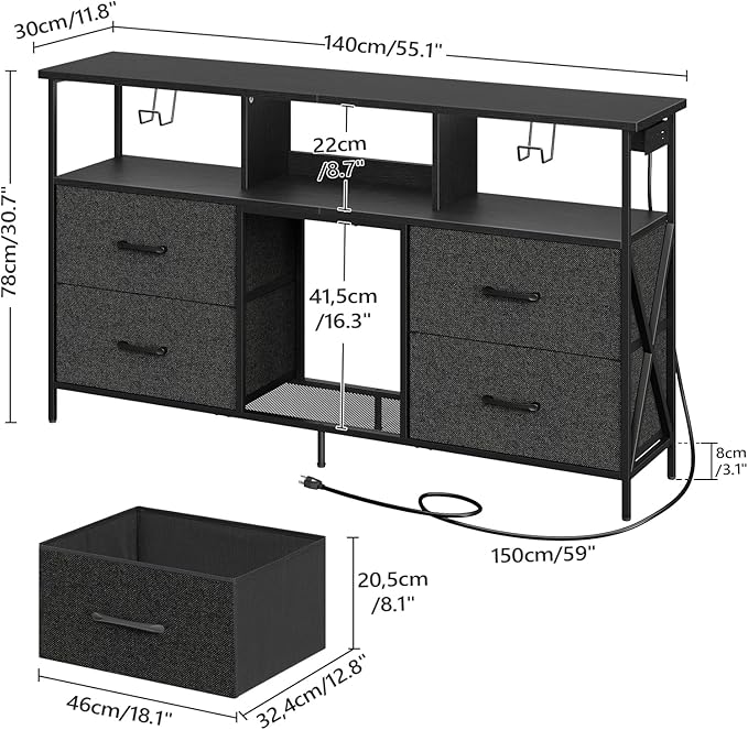 Dresser TV Stand, Entertainment Center with Power Outlets and LED Light, Media Console Table with Drawers and Open Shelves, Chest of Drawers for 60'' TV, for Living Room, Black TVBK140E01