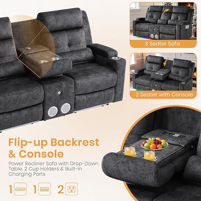 Power Reclining Sofa with 4 LED Lights, Bluetooth Speaker, Power Reclining Loveseat with Drop Down Table,Outlets, 3-Seater Recliner Sofa with Arm/Seat Storage(Grey, Loveseat with Console)