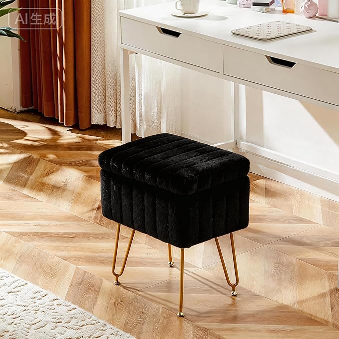 DUMOS Vanity Stool Chair, Ottoman with Storage, Makeup Cute Soft Small Footstool, Modern Style Faux Fur Seat with 4 Metal Legs & Adjustable Feet for Dressing, Living Room, Bedroom, Dorm, Black