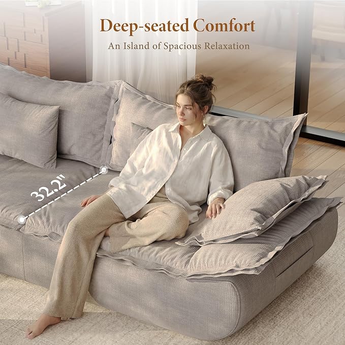 Vesgantti 86.6" Cloud Couches for Living Room, Cozy Chenille Boneless Couch with Curved Armrest, Modern Stylish Sailboat Sofa with Deep Seat, No Assembly Required, Light Grey
