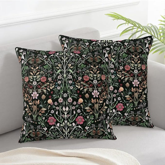 Black Sage Green Floral Pillow Covers 18x18 Set of 2 Vintage Botanica Fern Leaf Throw Pillow Cover Spring Flower Plants Farmhouse Pillowcases for Sofa Couch Home Decor