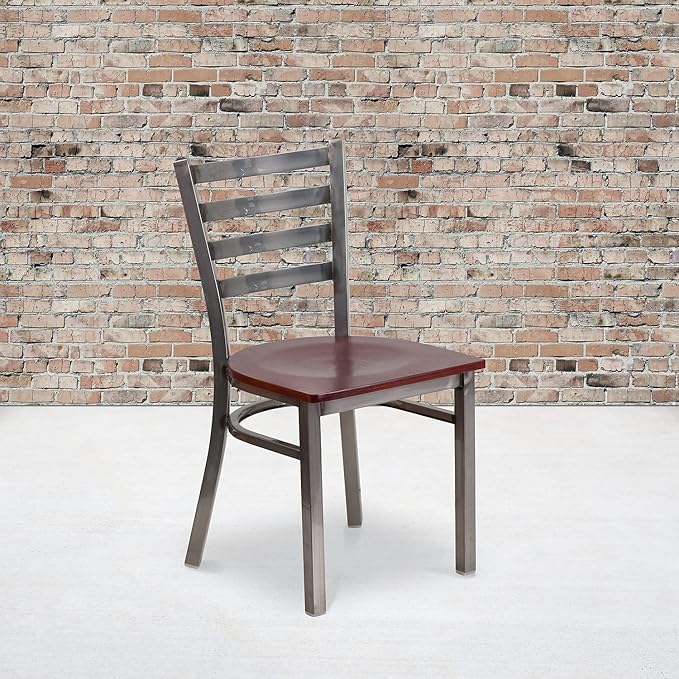 Flash Furniture 2 Pk. HERCULES Series Clear Coated Ladder Back Metal Restaurant Chair - Mahogany Wood Seat