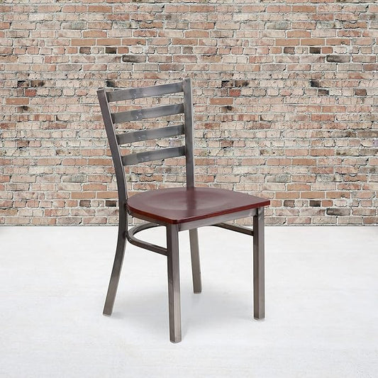 Flash Furniture 2 Pk. HERCULES Series Clear Coated Ladder Back Metal Restaurant Chair - Mahogany Wood Seat