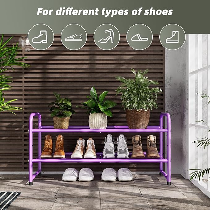 SUFAUY 2 Tier 33" Shoe Rack Closet, Metal Mesh, Stackable, Purple
