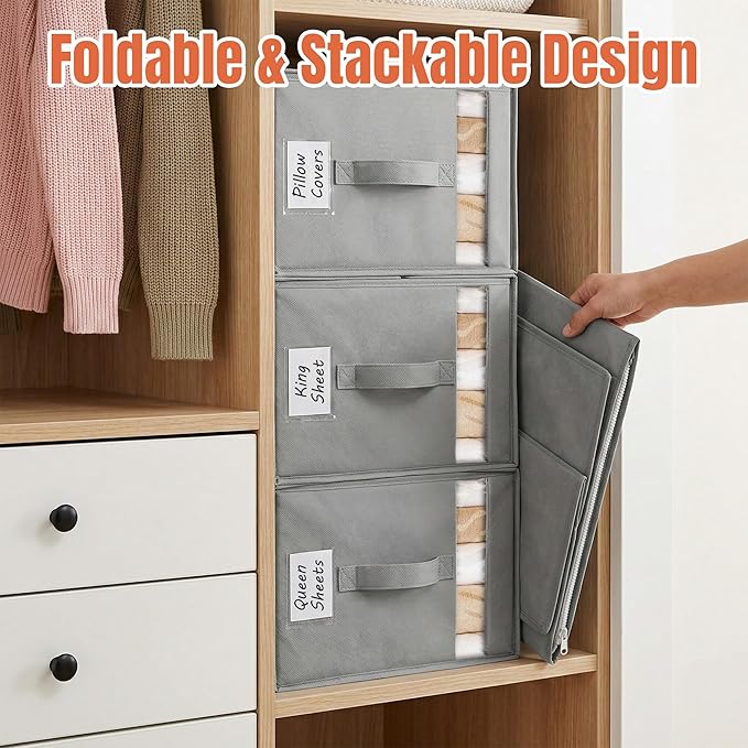 4 Pack Large Bed Sheet Organizers and Storage, (King & Queen Size) Sheet Organizer for Linen Closet, Foldable Bedding Storage Box with Window for Bedsheets, Blanket, Duvet Cover and Pillowcase