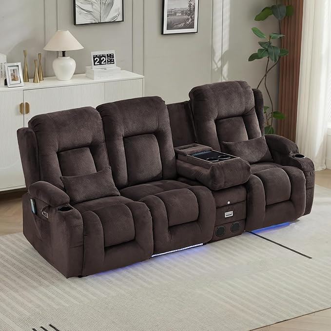 TUNYI Wall Hugger Loveseat Recliner Sofa with Console, Power Reclining Loveseat RV Couch with Massage & Heat/USB/Outlet/Storage/LED Light/Speaker (Brown, 4 Seat)