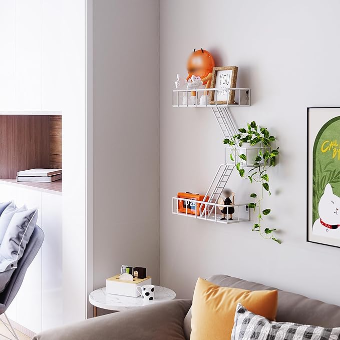 Fire Escape Wall Shelf with Baskets, 3-Tier Metal Fire Escape Ladder Shelf Wall Organizer, New York Inspired Decorative Shelf, White Floating Action Figurine Display Shelves for Bedroom, Home Décor.…