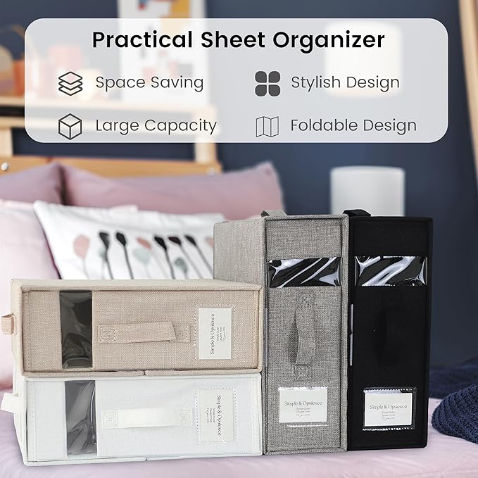Simple&Opulence 4 Pack Bed Sheet Organizers and Storage, Linen Closet Organizers, Sheets Set Folder Storages with Window and Label (Queen/King Size) Organizing Bedding Container, Black