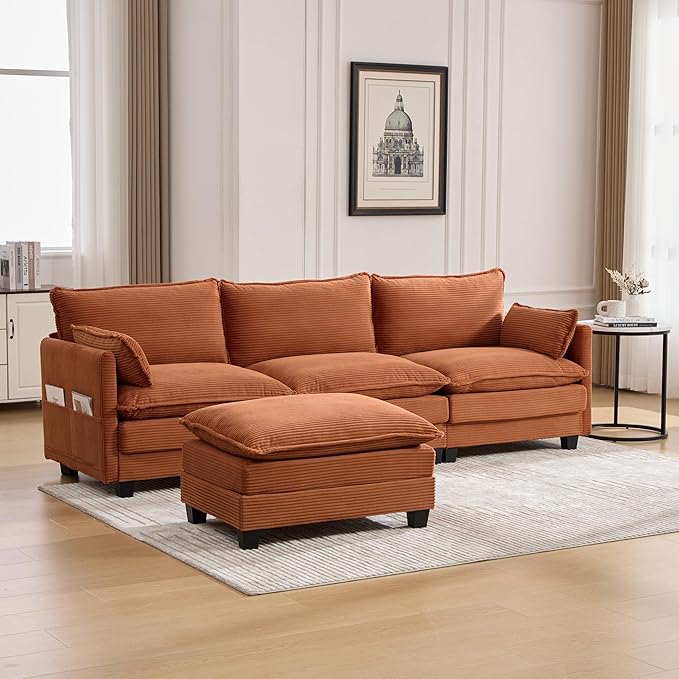103" Oversized Modular Sectional Sofa Couch with Reversible Ottoman, Free Combination Convertible Corner Couch,Corduroy Upholstered Cloud Sectional Couch with Side Pockets | Multiple Cushions, DIY Combination, Removable Cover