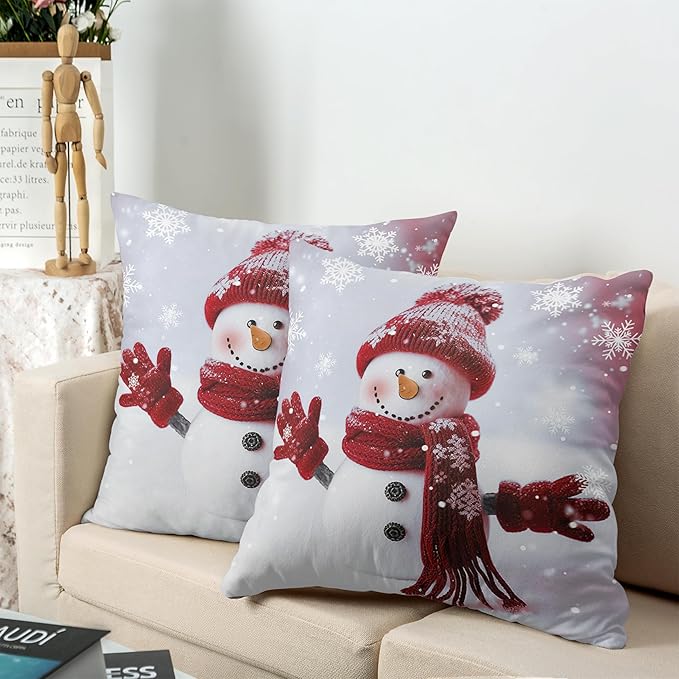 Christmas Snowman Throw Pillow Covers Winter Holiday Pillow Covers 20x20 Set of 2 Red Snowman with Snowflake Cushion Case for Couch Living Room Bedroom Sofa