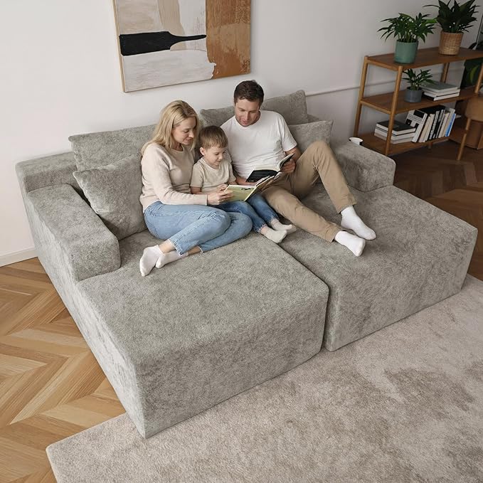 SYTOPIA Loveseat Chaise Lounge with Armrests, Oversized Sofa Bed with 4 Pillows, Cozy Boneless Sleeper, Modular Sectional Couch for Living Room Bedroom, Floor Chair Furniture sala Chenille, Urban Grey