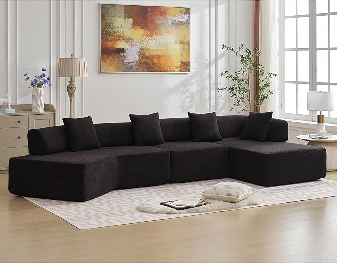140" L-Shape Couch,Modern Minimalist Sleeper Sofa,Modular Sectional Couches with Chaise,Free Combination Foam-Filled Furniture,4 Seats Corner Chair for Dorm,Apartment,Studio,Office,Black