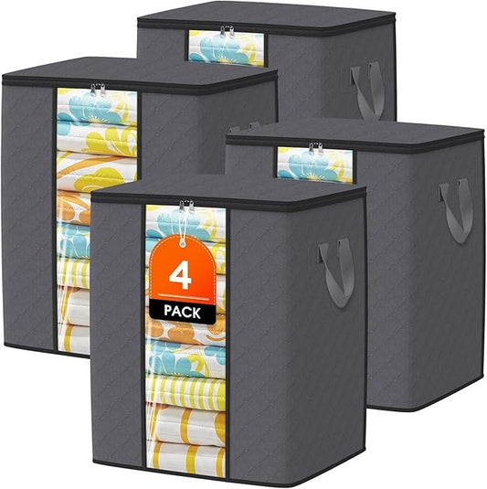 Clothes Storage Bags, 4-Pack Comforter Blanket Organizers, 80L Large Capacity Containers with Visual Window for Clothing, Quilt, Sheet, Pillow, Closet Organization for Bedding (Grey)