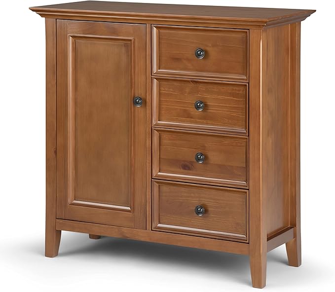 SIMPLIHOME Amherst SOLID WOOD 37 Inch Wide Transitional Medium Storage Cabinet in Light Golden Brown, with 4 Functional Drawers, 1 Door, 2 Adjustable Shelves