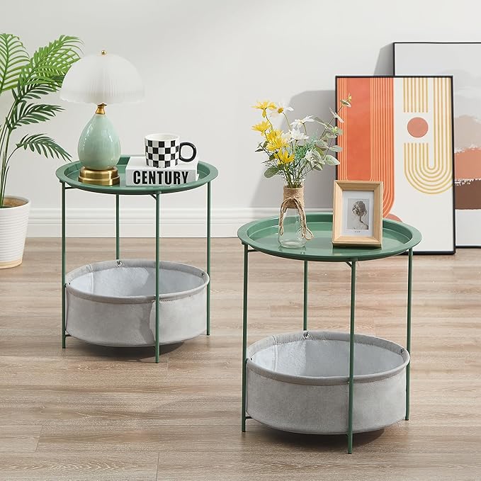 VECELO Round Side/End Table with Fabric Storage Basket，Metal Anti-Rust and Waterproof Small Bedside Nightstand with Removable Tray Top for Living Room，Balcony & Laundry，Dark Green /1pcs with Basket