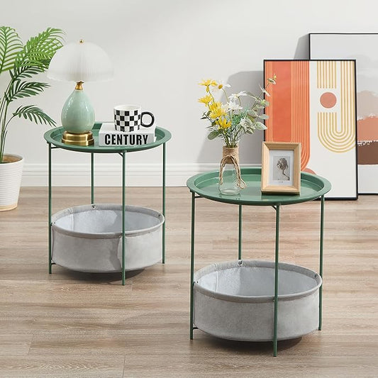 VECELO Round Side/End Table with Fabric Storage Basket，Metal Anti-Rust and Waterproof Small Bedside Nightstand with Removable Tray Top for Living Room，Balcony & Laundry，Dark Green /1pcs with Basket