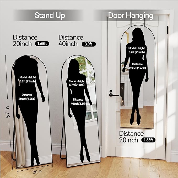 57x20 Door Hanging Full Length Mirror, Floor (Height 5.7ft just Body in1.3ft) or Wall Mounted Metal Frame Arch Dressing Mirrors for Bedroom Bathroom Living Room 57 20 inch Black