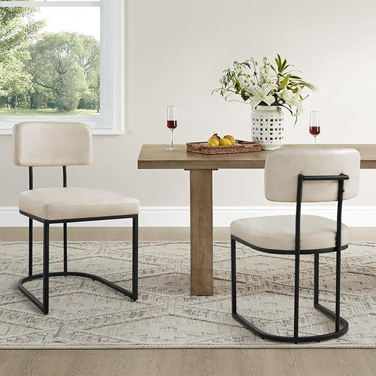 Dining Chairs Set of 2, Upholstered Modern Kitchen Chairs with Ergonomic Backrest, Faux Leather Cushion Seat & Metal Legs for Living Room, Restaurant, and Café, Cream