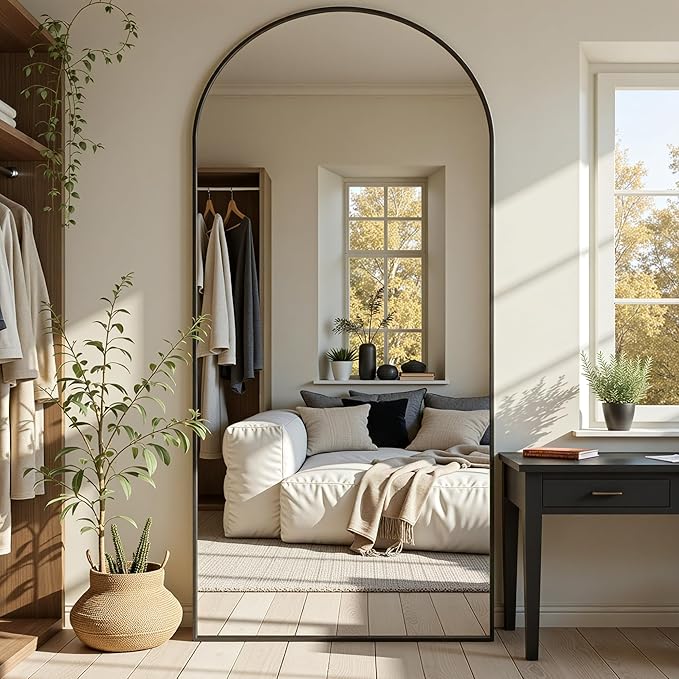 Full Length Mirror, 76"x34" Arched Full Body Mirror, Floor Mirrors with Stand, Body Mirrors Standing Hanging Leaning Against Wall,Aluminum Frame Mirrors for Bedroom Cloakroom,Living Room,Black