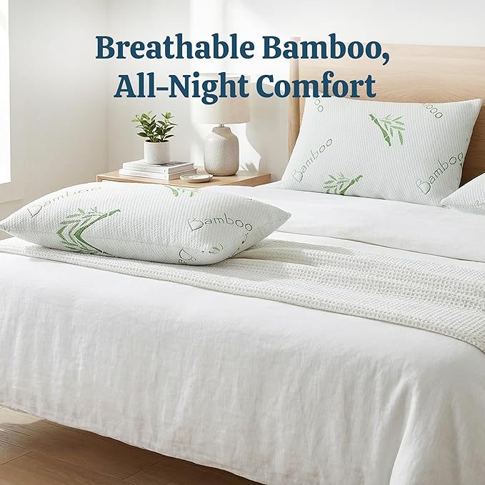 OMEO 2 Pack King Size Rayon Derived from Bamboo Pillow for Sleeping Shredded Memory Foam Bed Pillows for Side, Back and Stomach Sleepers, Soft, Cooling, Adjustable and Washable Cover 20" x 36"