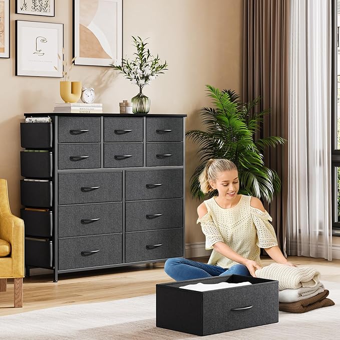 GarveeHome 12 Drawer Dresser for Bedroom, Fabric Dressers & Chests of Drawers with Side Pockets, Chest of Drawers for Closet, Living Room, Closet, Hallway