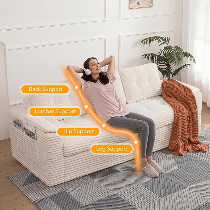 83" Boneless Couch, 3-Seater Cloud Corduroy Sofa in a Box with Deep Tufted Cushions, Zero Assembly, Removable Washable Cover, Family-Friendly Living Room Couch, Beige