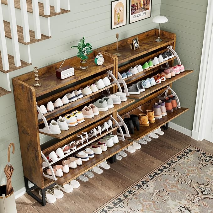 Shoe Cabinet, Shoe Storage Cabinet with 2 Flip Drawers & Adjustable Shelf, Space-Saving Shoe Organizer – Holds 16+ Pairs, Narrow Shoe Cabinet Storage for Entryway/Hallway（Brown）