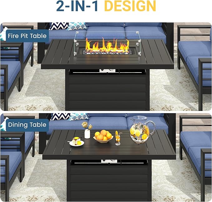 Wisteria Lane Aluminum Patio Furniture Set, 7 Seats Metal Outdoor Furniture Set with CSA Certified 54in Propane Gas Fire Pit Table, Patio Conversation Set with 5in Olefin Cover Cushions (Blue)