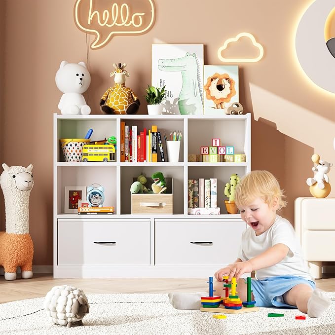 Cube Bookshelf Storage Organizer Bookcase,8 Cube Open Mid-Centur Shelf,Freestanding Display Bookshelve, Modern Wide Toy Shelf with Drawers for Bedroom Living Room Office(White)