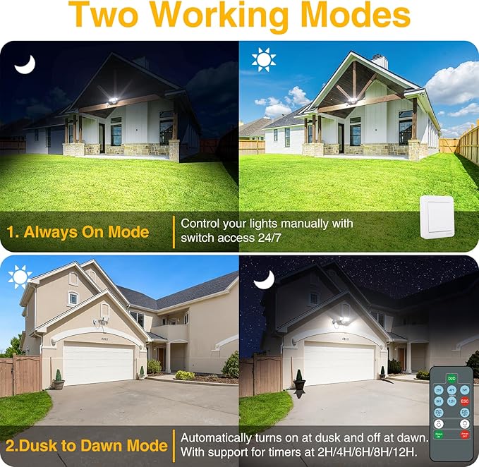 Onforu Plug in Flood Light,60W 6000LM Dusk to Dawn Outdoor Lighting,with Remote,IP65 Waterproof,3 Adjustable Heads Light for Garage Yard