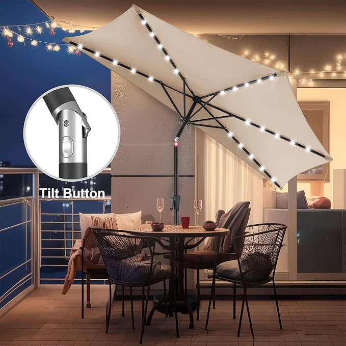 9FT Solar Half Umbrellas Outdoor - LED Half Patio Umbrella with 25 Lights, UV Protection Waterprool, Half Round Umbrella for Wall Balcony, Pool, Porch, Garden, Deck, Backyard, Beige